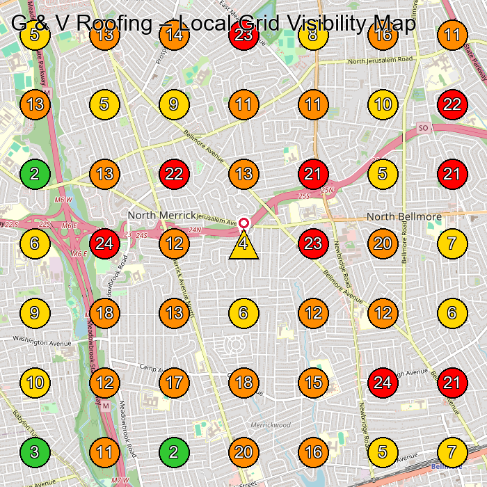 G & V Roofing Roofing Contractor GeoGrid ranking map for Merrick NY